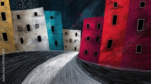 Urban cityscape painting, road through city center with architectural buildings