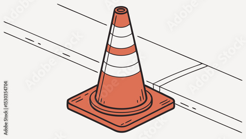 Illustration of a traffic cone with white stripes on a road surface with lane markings and perspective lines