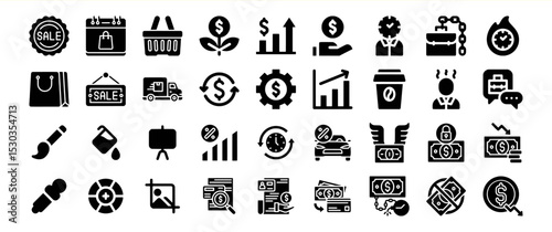 A comprehensive collection of diverse icons representing various business and financial concepts, including sales, marketing, finance, and time management.