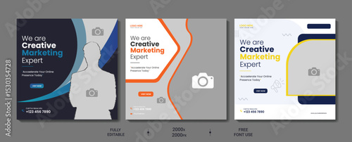 Business marketing agency promotion social media post template. Editable square banner design with place for the photo.
