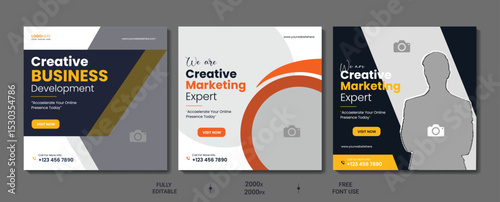 Business marketing agency promotion social media post template. Editable square banner design with place for the photo.