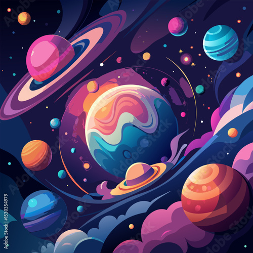Cosmic Dreams. A vibrant journey through a fantasy galaxy filled with colorful planets and nebula clouds