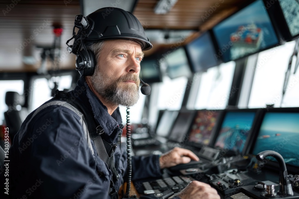 A portrait of a crane operator in a control room, focused intently while managing container movements