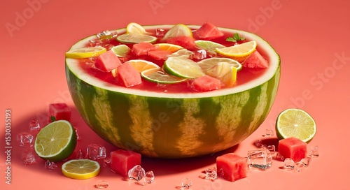 Tropical summer punch in hollowed watermelon bowl with vibrant floating fruit slices, great for warm weather parties