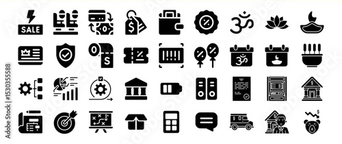 A diverse collection of glyph icons encompassing various financial, business, religious, and celebratory themes, suitable for websites or applications.