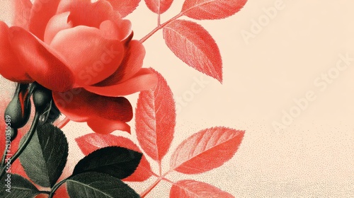 Vibrant red rose blossom with lush green leaves on a soft beige background, closeup floral photography