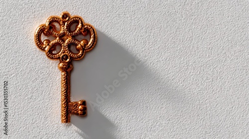 Golden key on white wall, symbol of opportunity, access, and new beginnings in minimalist photography