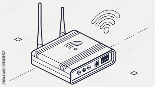 Illustration of a wireless router with two antennas and wifi signal symbol on a light background design