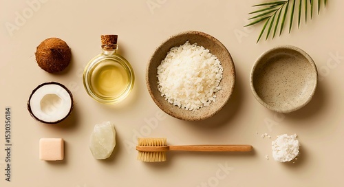 Flat lay of coconut oil, shredded coconut, and skincare essentials on neutral minimalist background