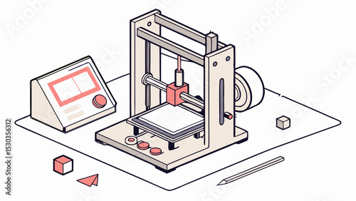 Isometric view of a desktop 3d printer with a control panel, pencil, and small geometric shapes on a surface