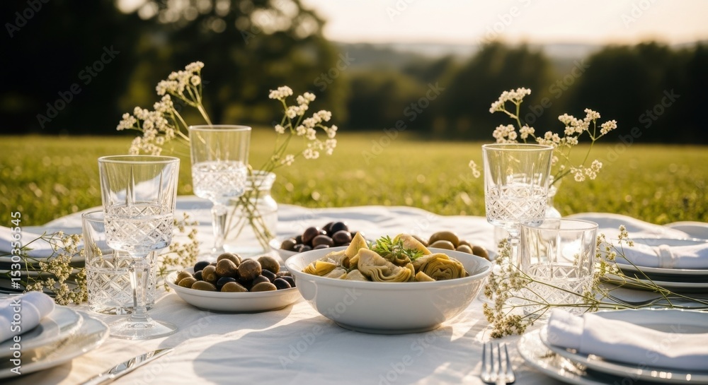 Fototapeta premium Elegant outdoor dining table with glassware and mediterranean food in sunlit field