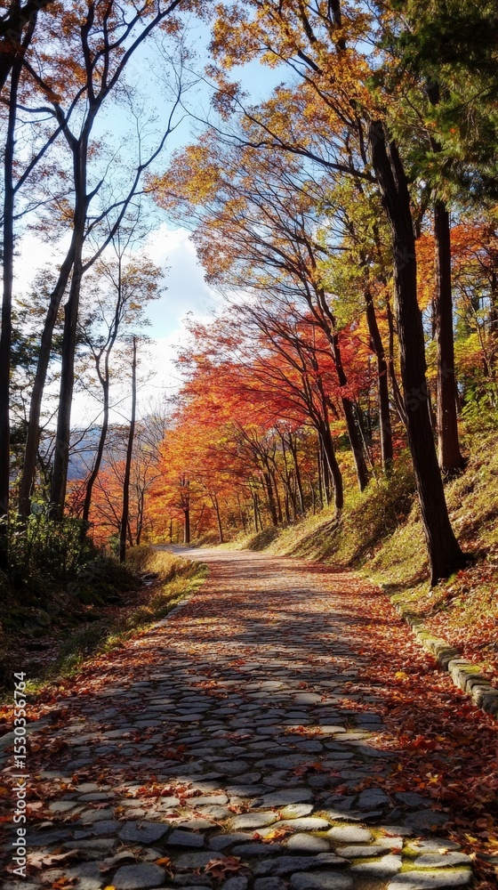 Obraz premium Serene Autumn Pathway Surrounded by Vibrant Colorful Trees