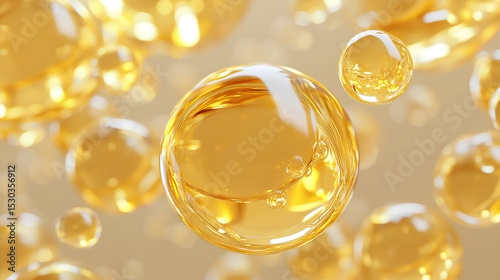 Gold liquid drops of oil or collagen serum isolated 3d render icon set. Yellow fluid cosmetic spheres, vitamin essence or hyaluronic acid bubbles, clear beauty skincare product balls