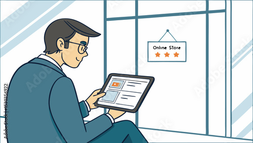 Man in suit using a tablet near a window with an online store sign hanging on it showing three stars