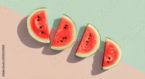 Minimalist flat lay showcasing geometrically arranged watermelon slices on a soft pastel-colored background for fresh and modern summer aesthetic
