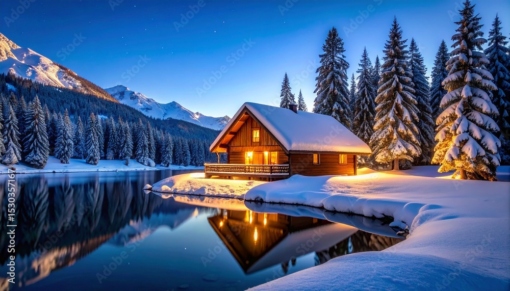 Fototapeta premium Winter cabin snow trees lake mountain reflection night