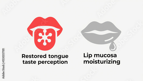 The red tongue and gray lip pattern represent the restoration of tongue taste perception and moisturizing of lip mucosa, suitable for sensory restoration and oral care scenarios.