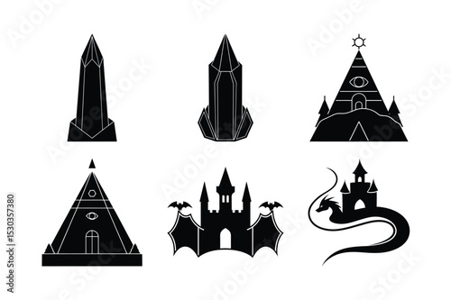 A Collection of Six Black and White Illustrations of Crystalline Structures and Castles