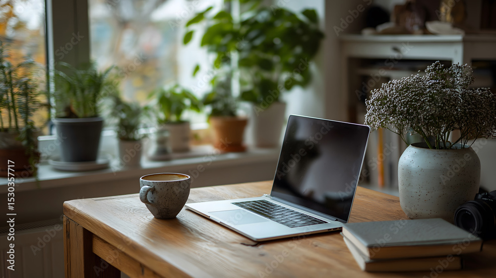 Fototapeta premium Cozy Home Workspace Featuring Laptop Plants and Coffee Cup Promoting Work Life Balance and Serene Atmosphere