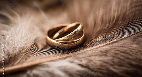 Artistic photo of wedding rings placed inside a curled feather, evoking feelings of love, lightness, and refined grace