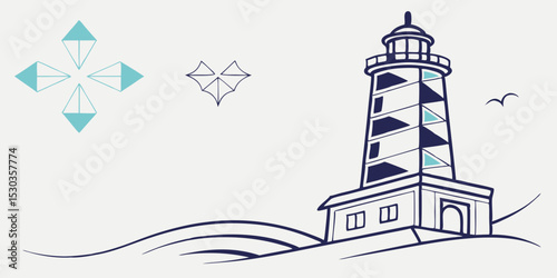 Lighthouse Tower Standing Bright by the Sea and Sky  vector illustration with white background.