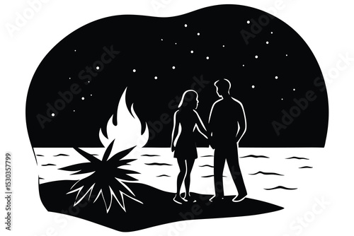 Romantic couple silhouette by bonfire on beach at night