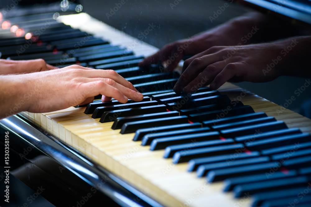 Obraz premium A piano keyboard being played, showing hands only.