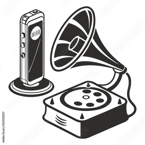A juxtaposition of old and new music technology rendered in monotone illustration