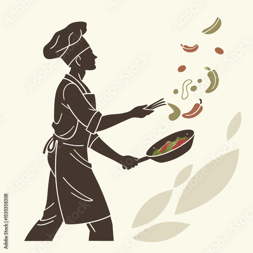 Culinary Expert Tossing Vegetables in a Pan for Creative Cooking Illustration