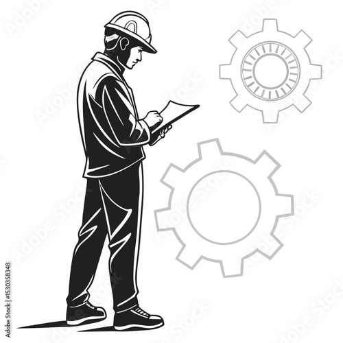 Engineer Inspecting Plans With Gears in the Background, A Conceptual Design