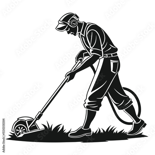 Illustration of a man mowing grass in a vintage style depiction