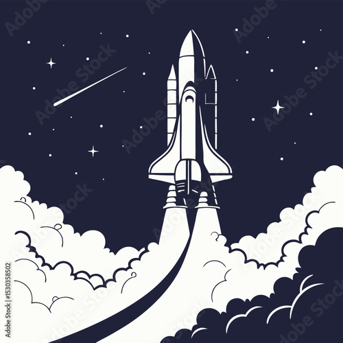 Monochromatic vector illustration of a space shuttle taking off to the stars