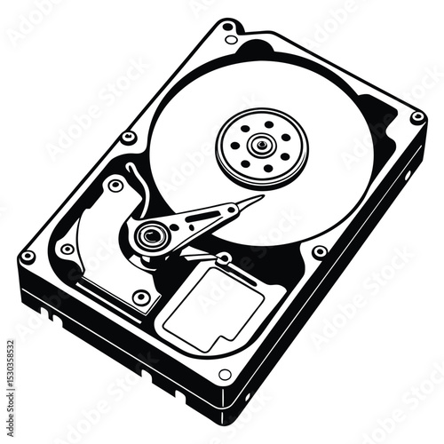Monochrome image of a hard disk drive with its internal components visible