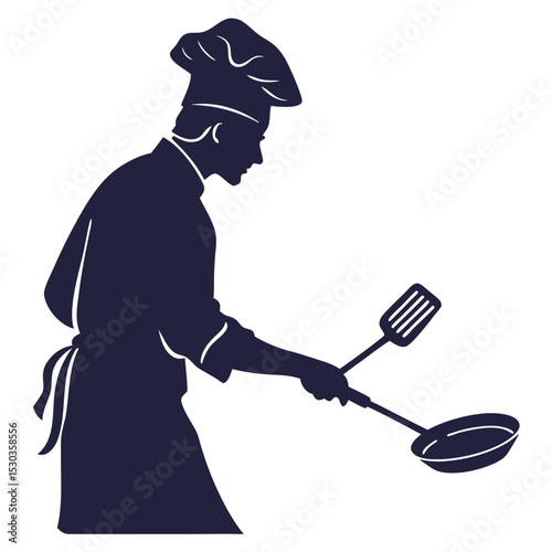 Silhouette of a chef cooking with a frying pan and spatula illustration
