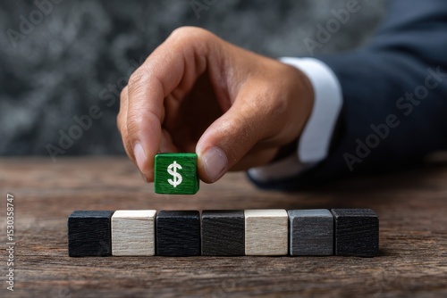 Hand placing a green cube with dollar sign on a row of cubes on a wooden surface