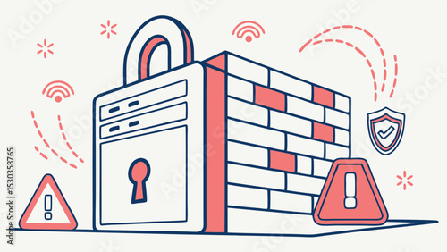 Illustration showing a firewall with a lock wifi signals and warning signs indicating security threats