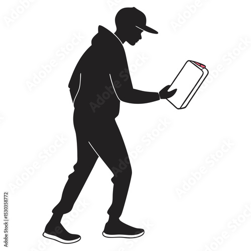 Silhouette of a man with a clipboard, wearing a hat and hoodie