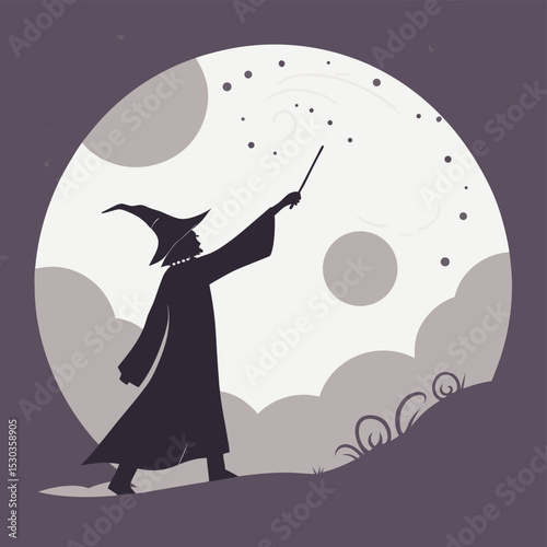 Silhouette of a wizard casting spells under a cloudy full moon night