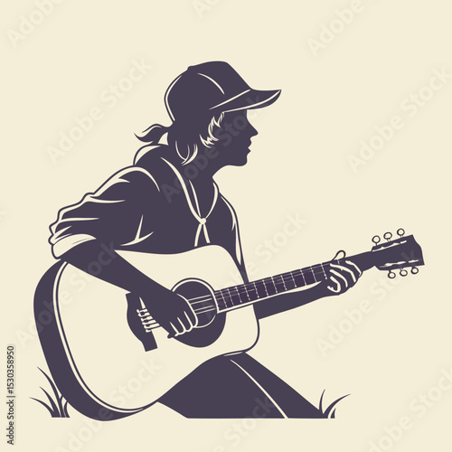Silhouette of a young woman with a baseball cap playing acoustic guitar