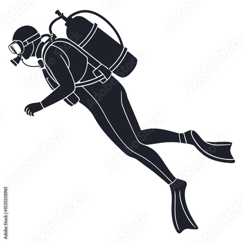 Silhouette of scuba diver with equipment swimming underwater in vector format