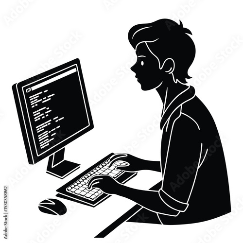 Silhouette of a young programmer coding on a computer with focus