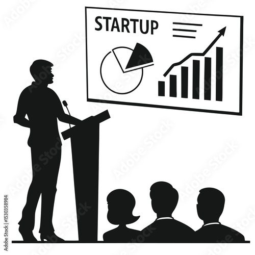 Startup Presentation with Speaker, Audience, Charts, and Graphs in Black and White