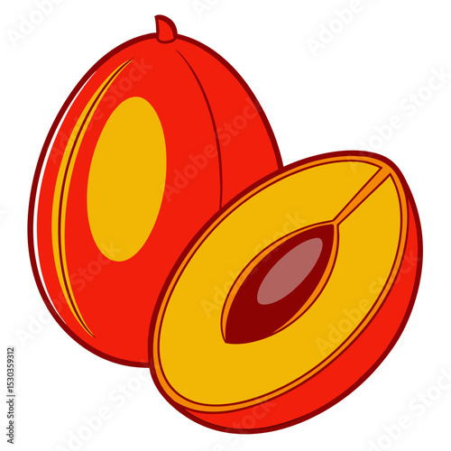 Illustration of Whole and Halved Plums with Red Skin and Yellow Flesh