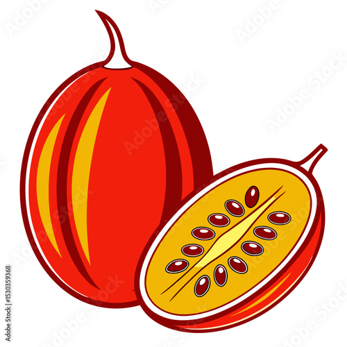 Tamarillo Illustration Whole and Halved Tree Tomato on a White Background