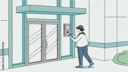 A person in hat and jacket rings doorbell near glass doors of building with overhang and nearby bush