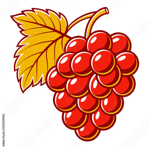 Stylized Red Grapes with Golden Leaf Illustration on White Background