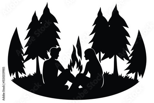 Silhouette couple relaxing by campfire in forest