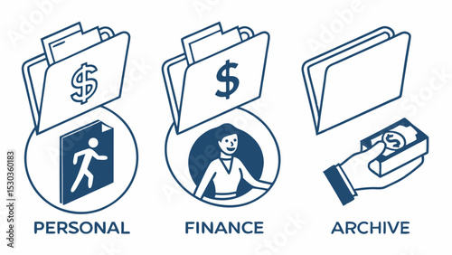 Illustration showing three folders labeled personal finance and archive with dollar symbols and figures