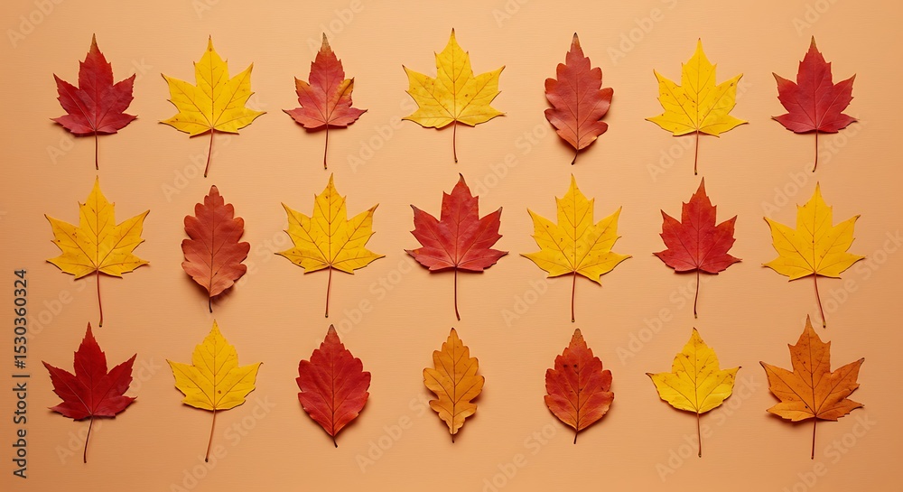 Fototapeta premium Colorful Autumn Leaves Pattern Red and Yellow on Tan Background