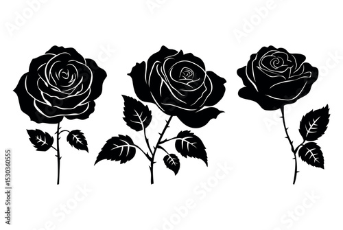 Set of decorative rose with leaves. Flower silhouette. Vector illustration